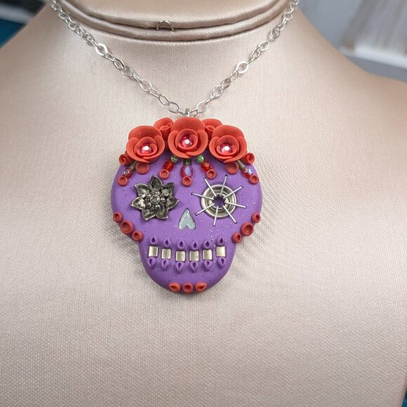Artisan Polymer Clay- Large Detailed Sugar Skull/Day of the Dead Pendant - Picture 2 of 4